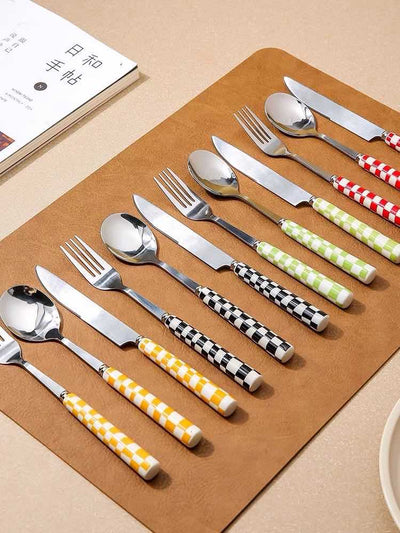🥇 6-Pack Modern Checkered Flatware Set™ — Stylish, Durable & Perfect for Every Meal