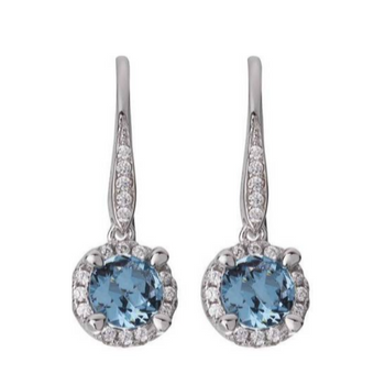 Silver Blue Drop Earrings – Halo Cut Light Blue Topaz Style with CZ.