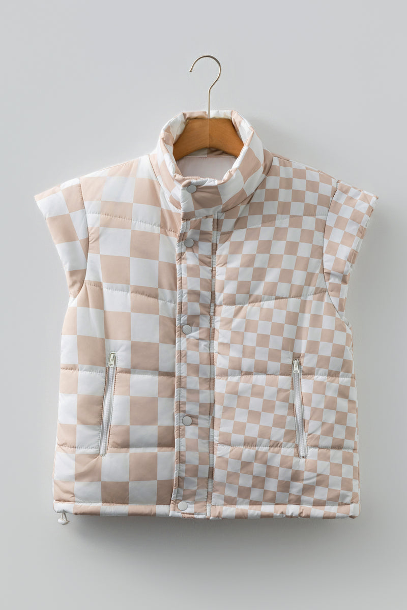 Luxury Quilted Checkered Zip-Up Vest – Khaki Edition