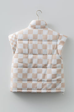 Luxury Quilted Checkered Zip-Up Vest – Khaki Edition